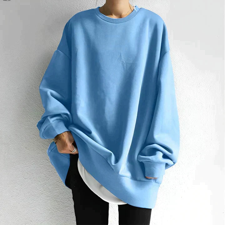 Women's oversized crew neck tunic sweater with long sleeves and ribbed trims