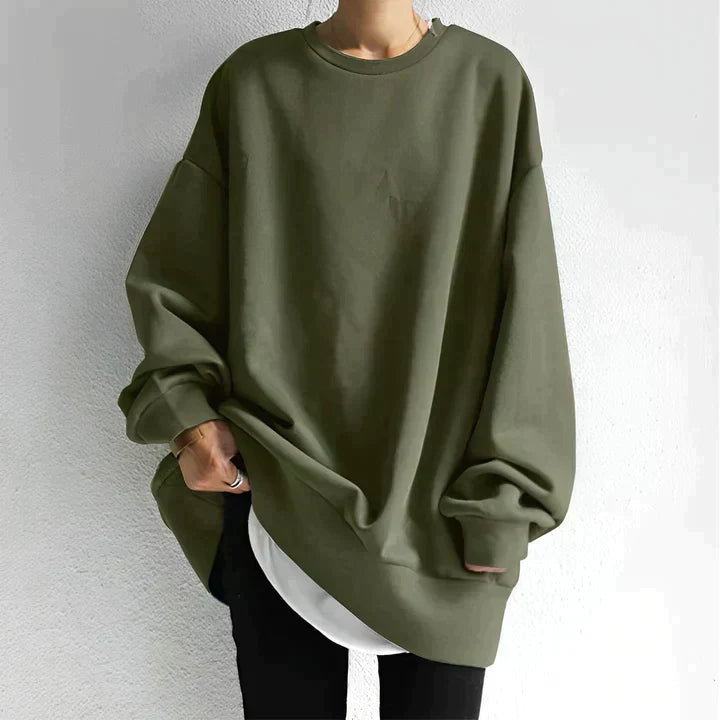 Women's oversized crew neck tunic sweater with long sleeves and ribbed trims