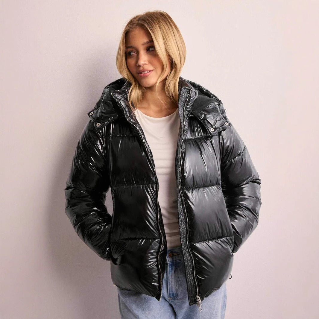 Women's glossy quilted hooded puffer jacket with front zipper and side pockets