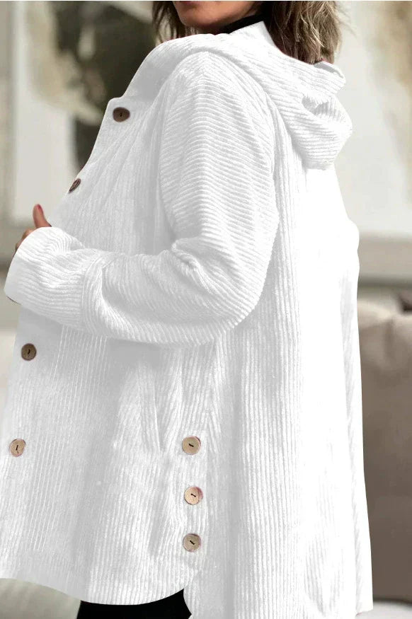 Women's hooded textured jacket with long sleeves and button front