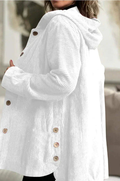 Women's hooded textured jacket with long sleeves and button front
