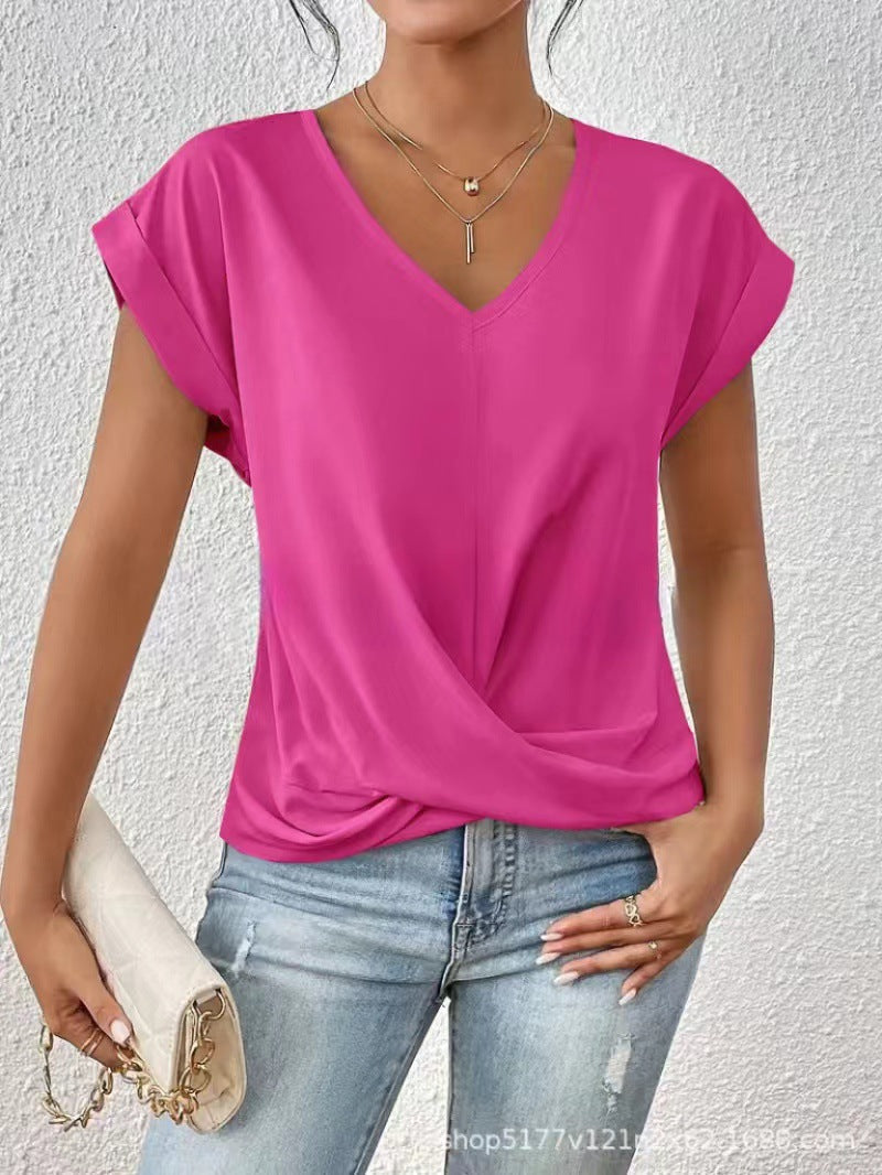 Women's V-neck short-sleeve T-shirt with twisted front gather detail