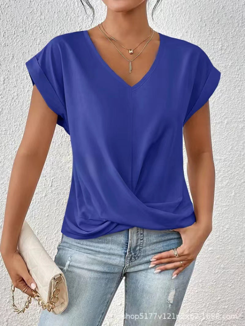 Women's V-neck short-sleeve T-shirt with twisted front gather detail