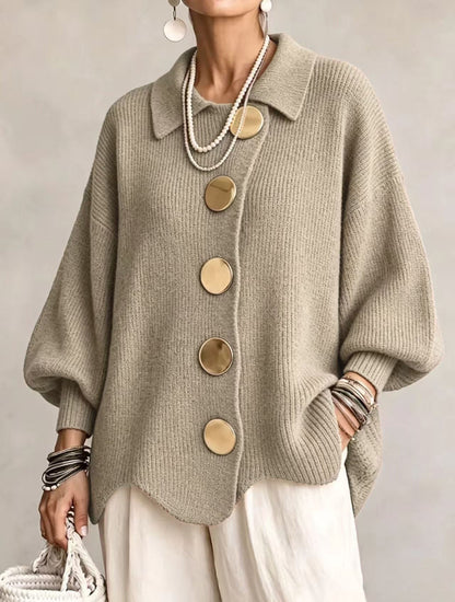 Women's oversized ribbed button-front cardigan with collared neckline and long sleeves