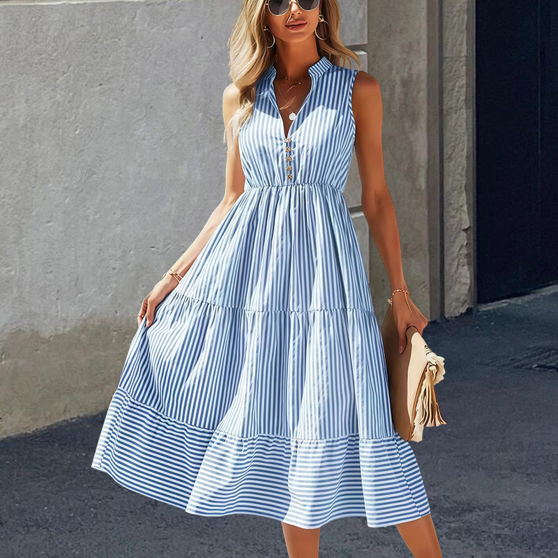 Women's Long-Sleeve Striped Dress — Button-Front Elastic-Waist Ruffle Swing Summer Dress