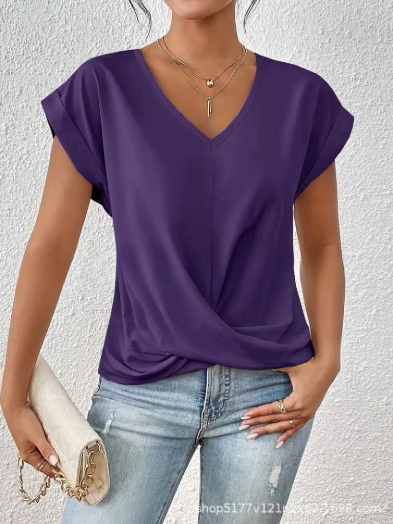 Women's V-neck short-sleeve T-shirt with twisted front gather detail