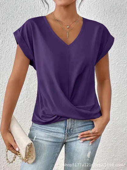 Women's V-neck short-sleeve T-shirt with twisted front gather detail