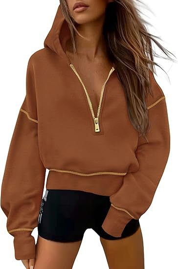 Women's cropped hooded sweatshirt with half zip and contrast stitching