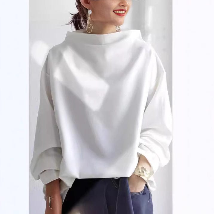 Women's relaxed high-neck top with long sleeves and wide cuffs