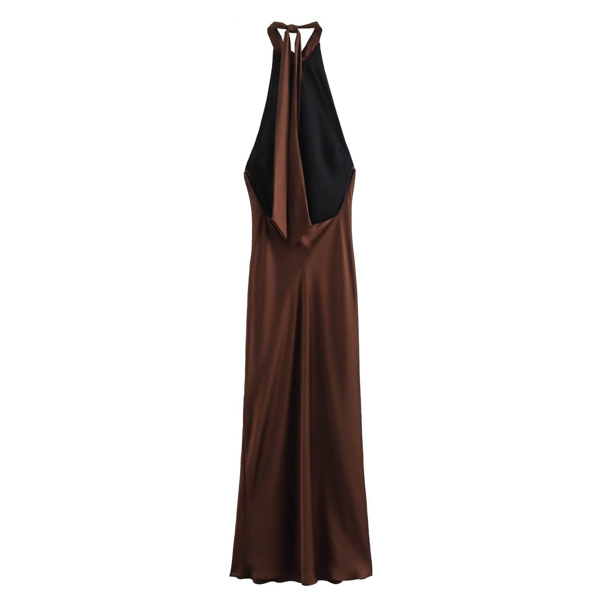 Women's brown sleeveless halter maxi dress with a floor-length skirt