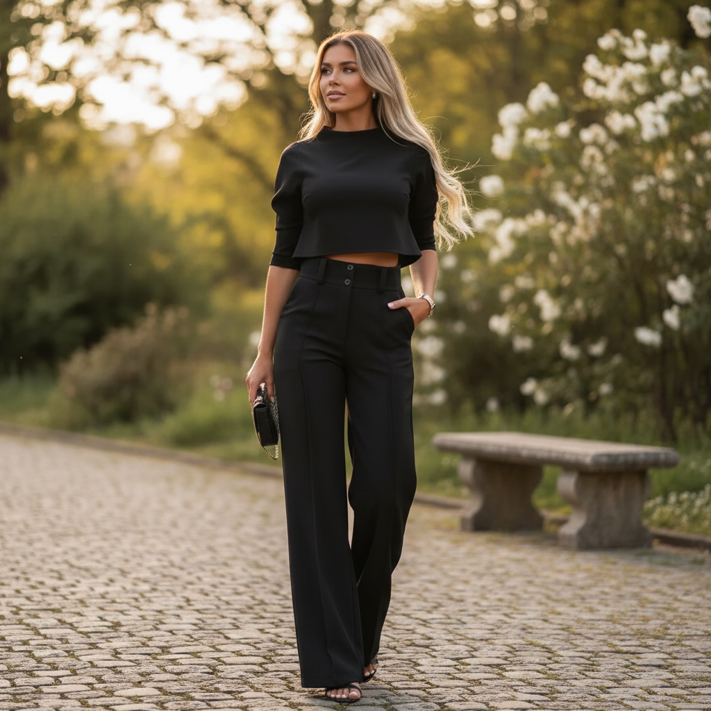 Women's two-piece trouser suit with high-neck cropped top