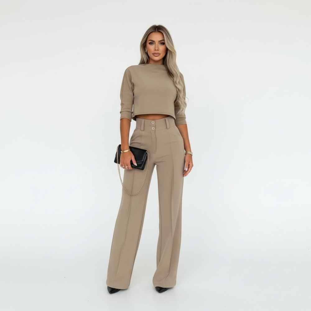 Women's two-piece trouser suit with high-neck cropped top