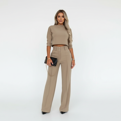 Women's two-piece trouser suit with high-neck cropped top