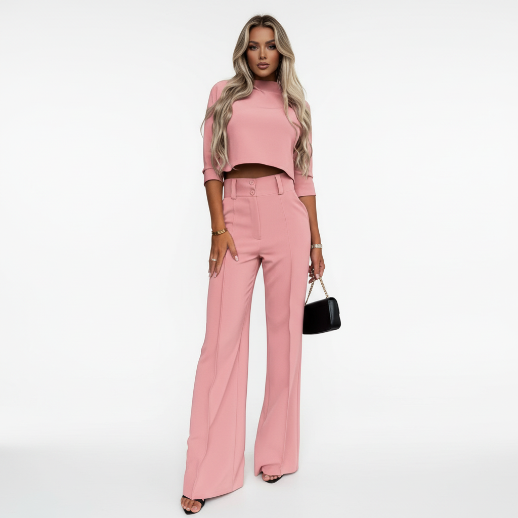 Women's two-piece trouser suit with high-neck cropped top