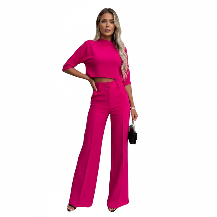 Women's two-piece trouser suit with high-neck cropped top