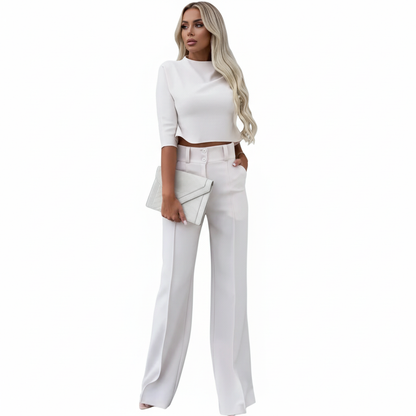 Women's two-piece trouser suit with high-neck cropped top