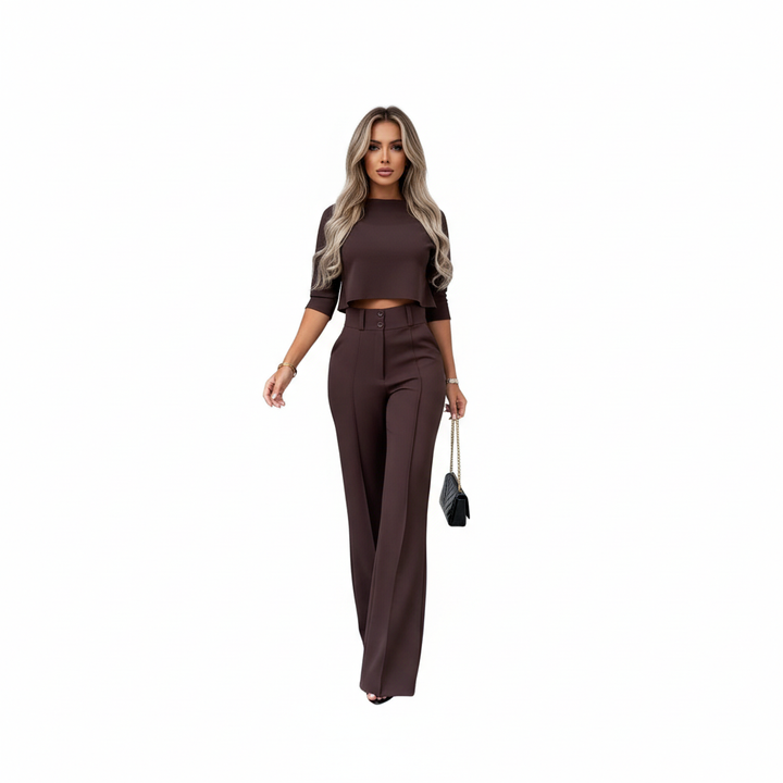 Women's two-piece trouser suit with high-neck cropped top