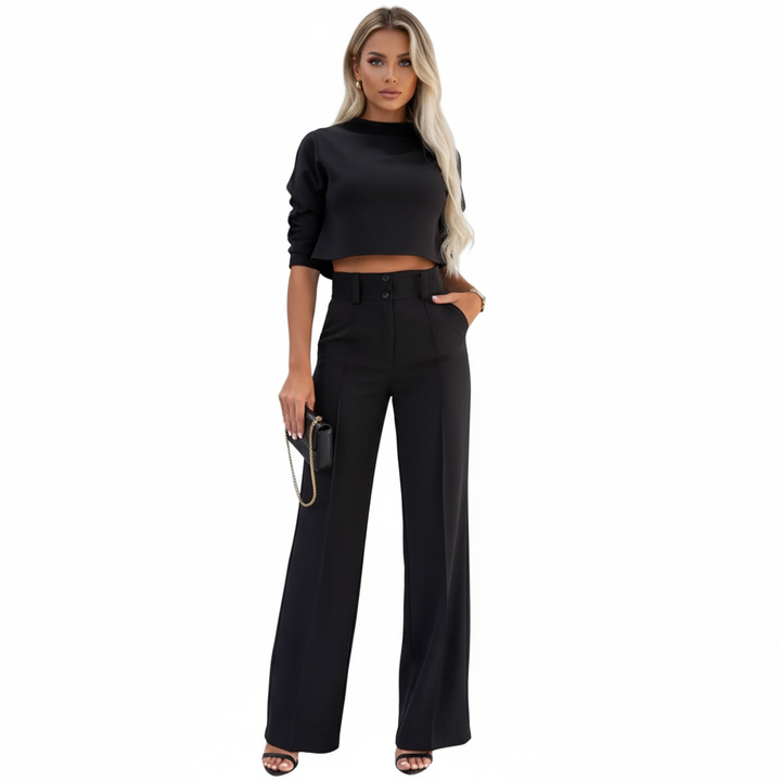 Women's two-piece trouser suit with high-neck cropped top