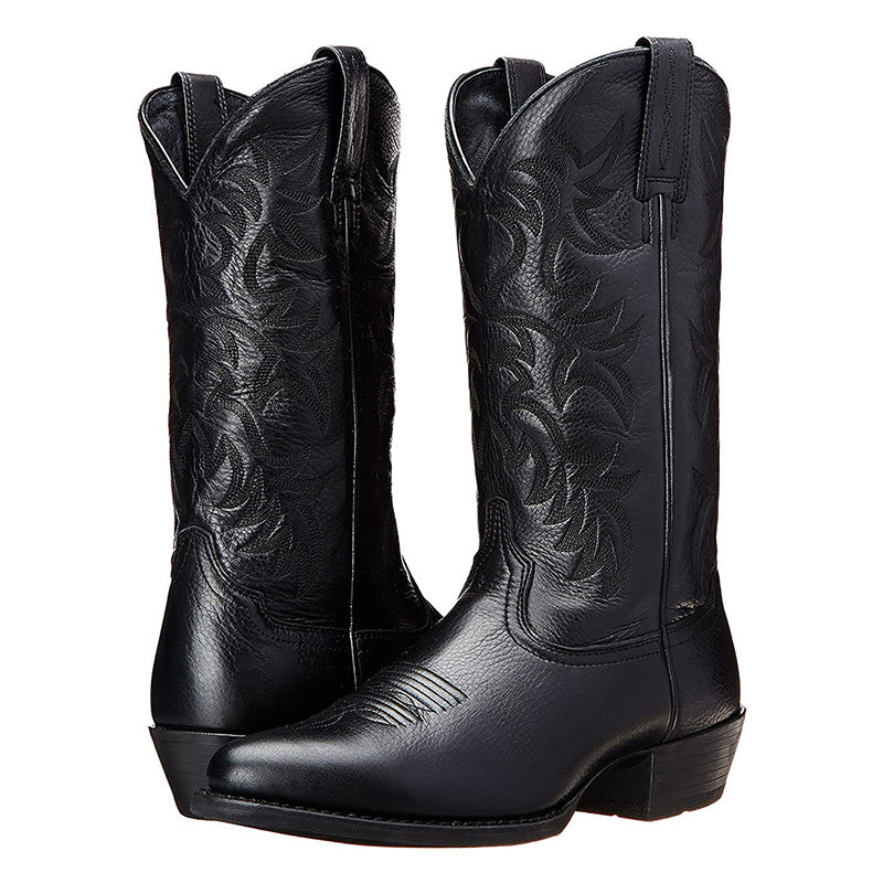 Tall embroidered western cowboy boots with pointed toes and low heels