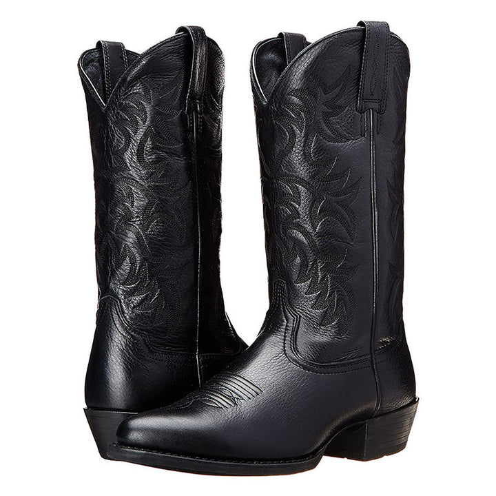 Tall embroidered western cowboy boots with pointed toes and low heels