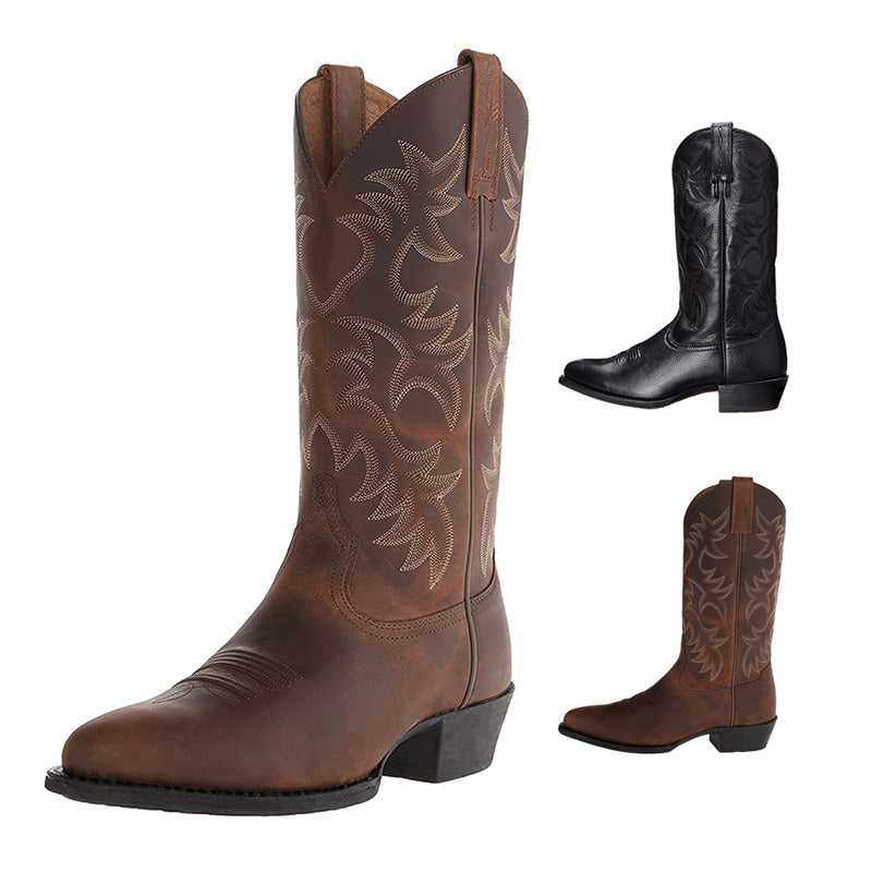 Tall embroidered western cowboy boots with pointed toes and low heels