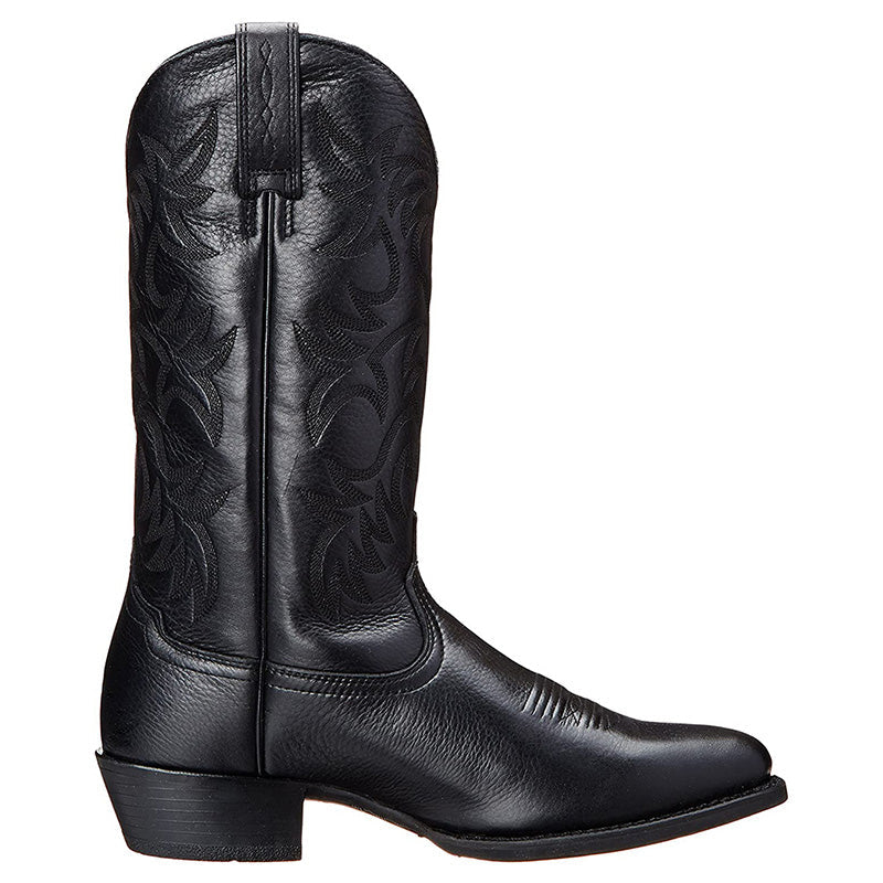 Tall embroidered western cowboy boots with pointed toes and low heels