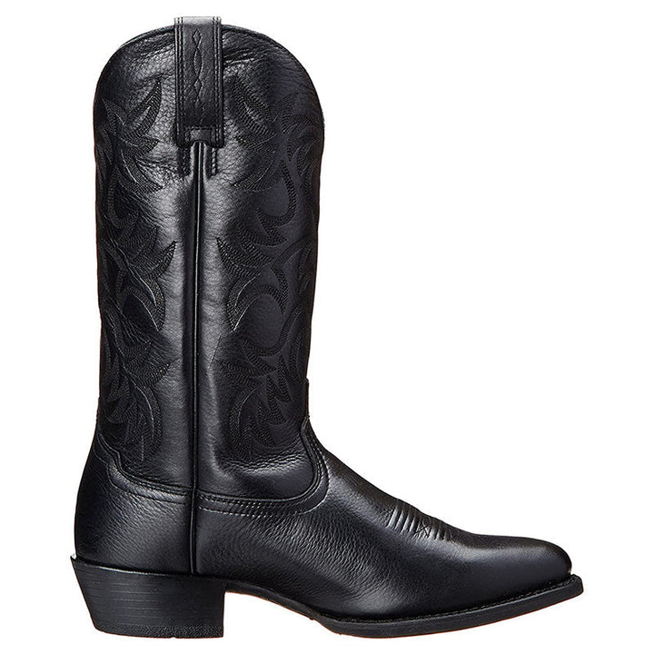 Tall embroidered western cowboy boots with pointed toes and low heels