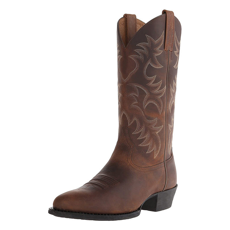 Tall embroidered western cowboy boots with pointed toes and low heels