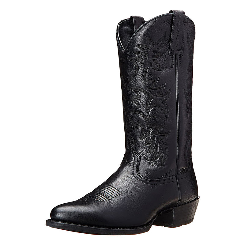 Tall embroidered western cowboy boots with pointed toes and low heels