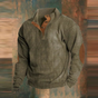 Men's ribbed mock neck sweater with button placket and elbow patches