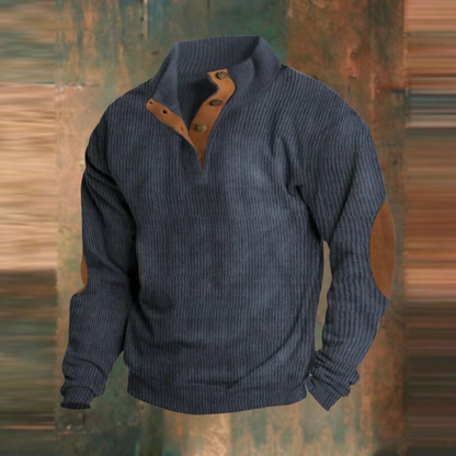 Men's ribbed mock neck sweater with button placket and elbow patches