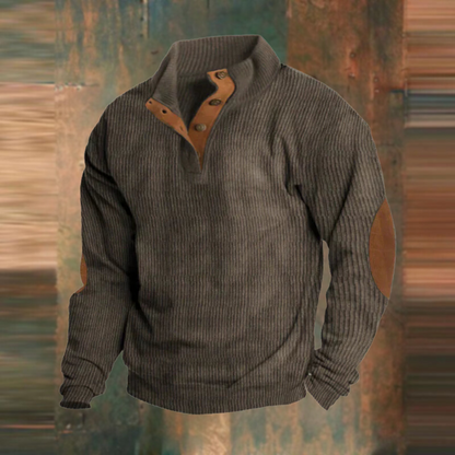 Men's ribbed mock neck sweater with button placket and elbow patches