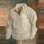 Men's ribbed mock neck sweater with button placket and elbow patches