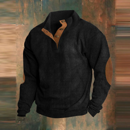 Men's ribbed mock neck sweater with button placket and elbow patches