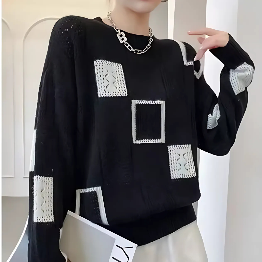 Women's geometric patchwork crew neck sweater with long sleeves