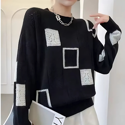 Women's geometric patchwork crew neck sweater with long sleeves