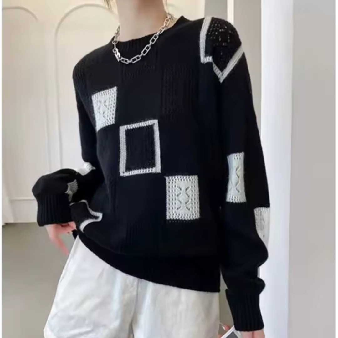 Women's geometric patchwork crew neck sweater with long sleeves