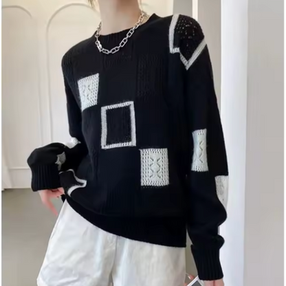 Women's geometric patchwork crew neck sweater with long sleeves