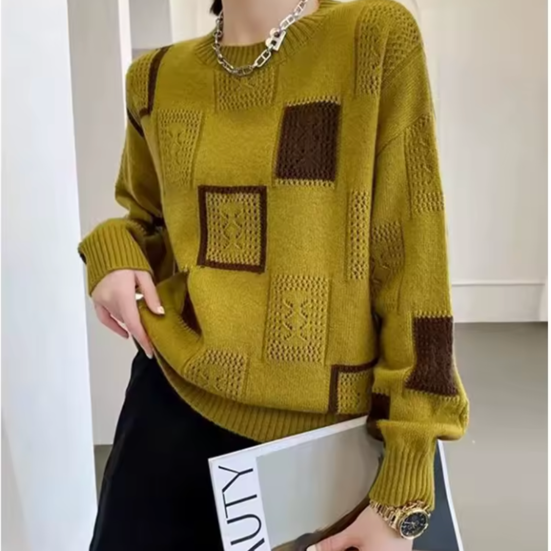 Women's geometric patchwork crew neck sweater with long sleeves