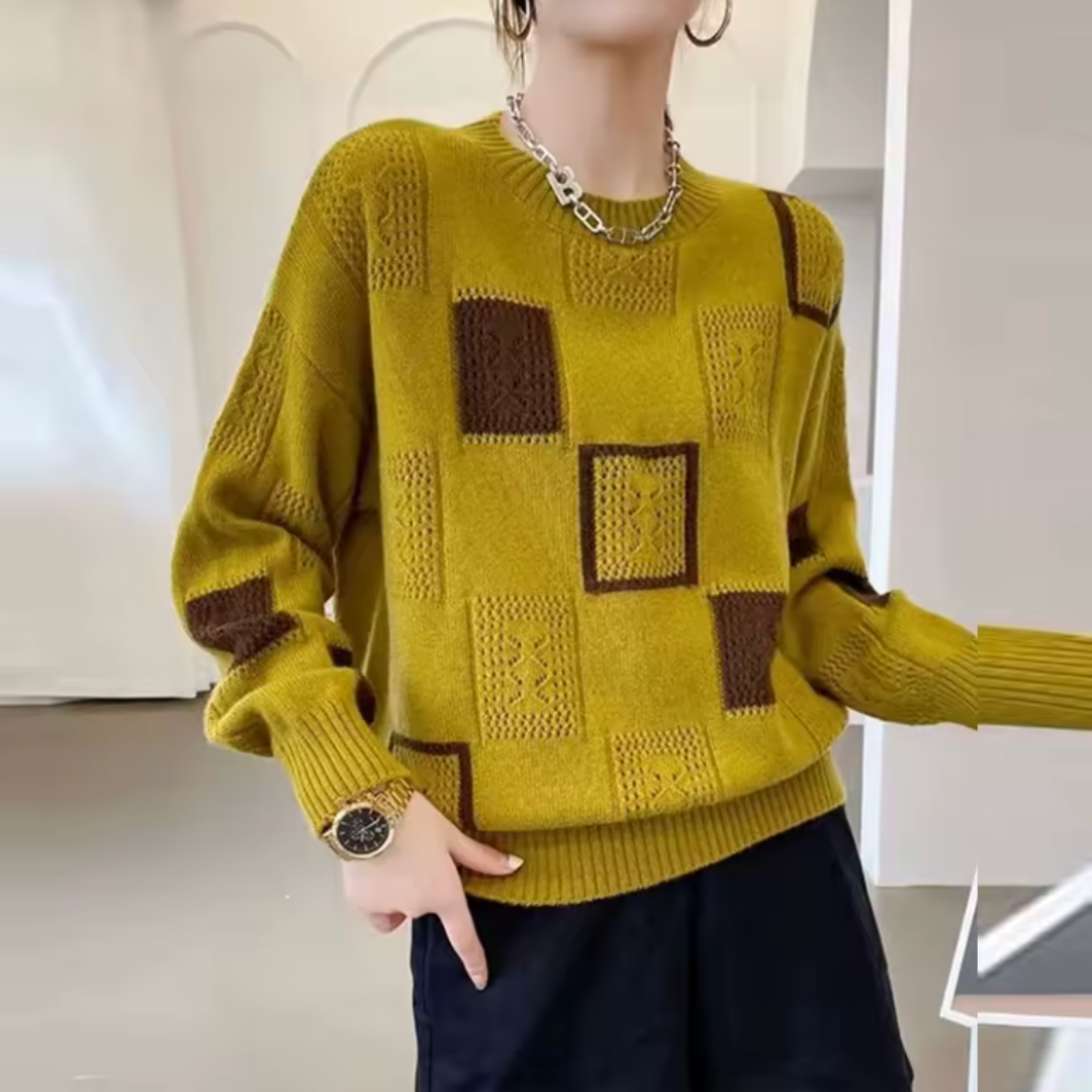 Women's geometric patchwork crew neck sweater with long sleeves
