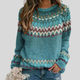 Women's teal geometric pattern crew neck sweater with long sleeves