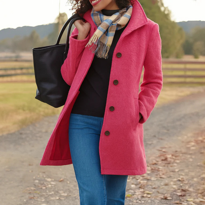 Women's button-front coat with lapel collar, long sleeves and side pockets