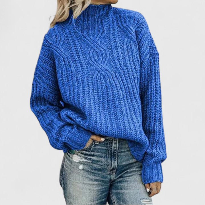 Women's high neck cable knit sweater with long sleeves