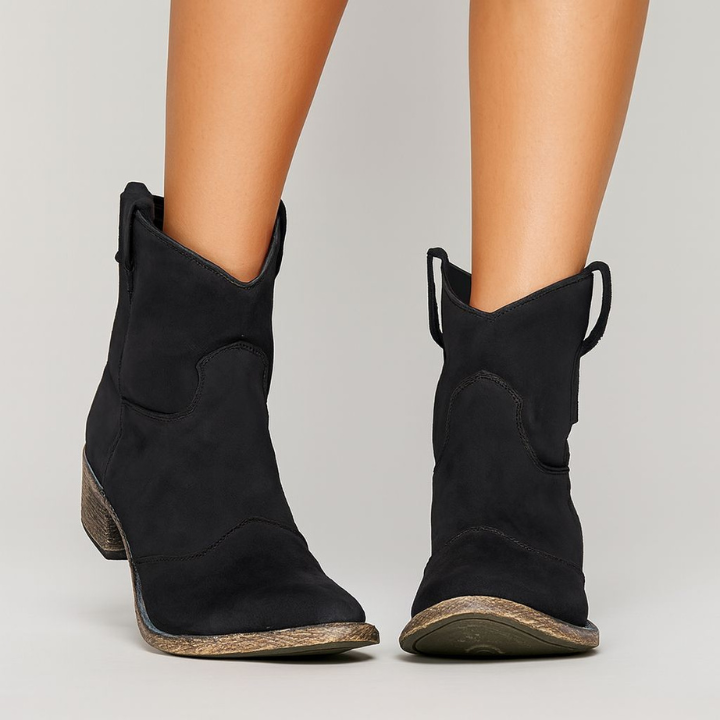 Women's western ankle boots with pull tabs, curved seams and low heels