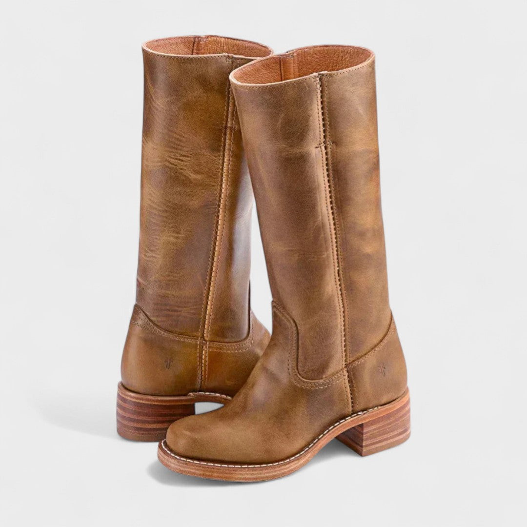 Women's tall classic cowboy boots with stitched shaft panels and low block heels