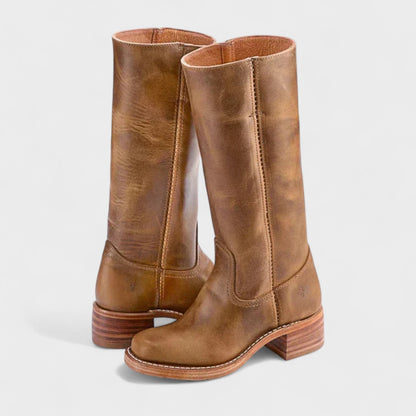 Women's tall classic cowboy boots with stitched shaft panels and low block heels