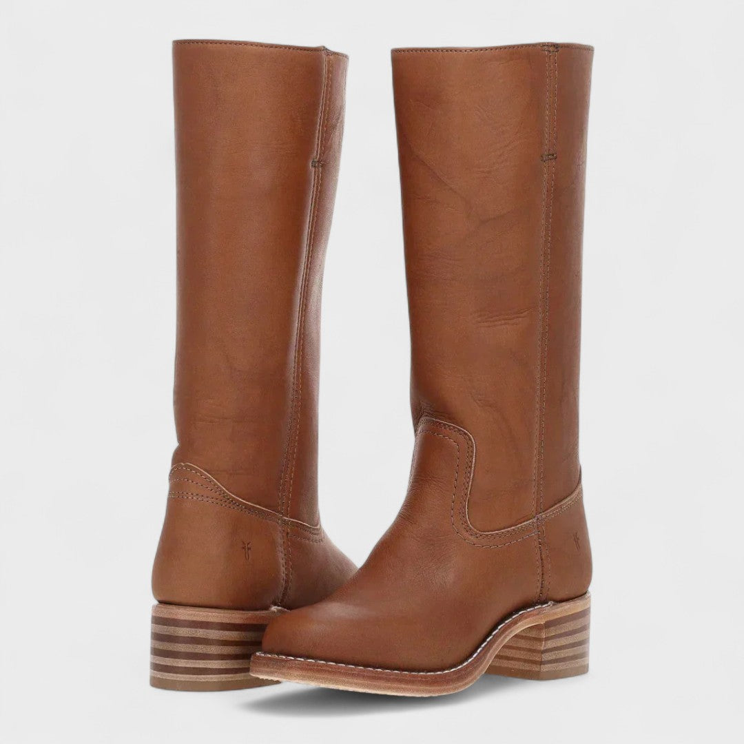 Women's tall classic cowboy boots with stitched shaft panels and low block heels