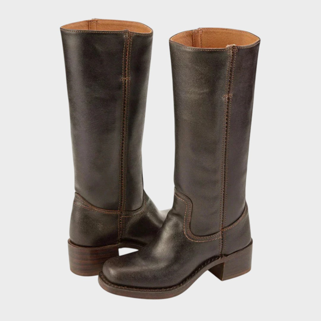 Women's tall classic cowboy boots with stitched shaft panels and low block heels