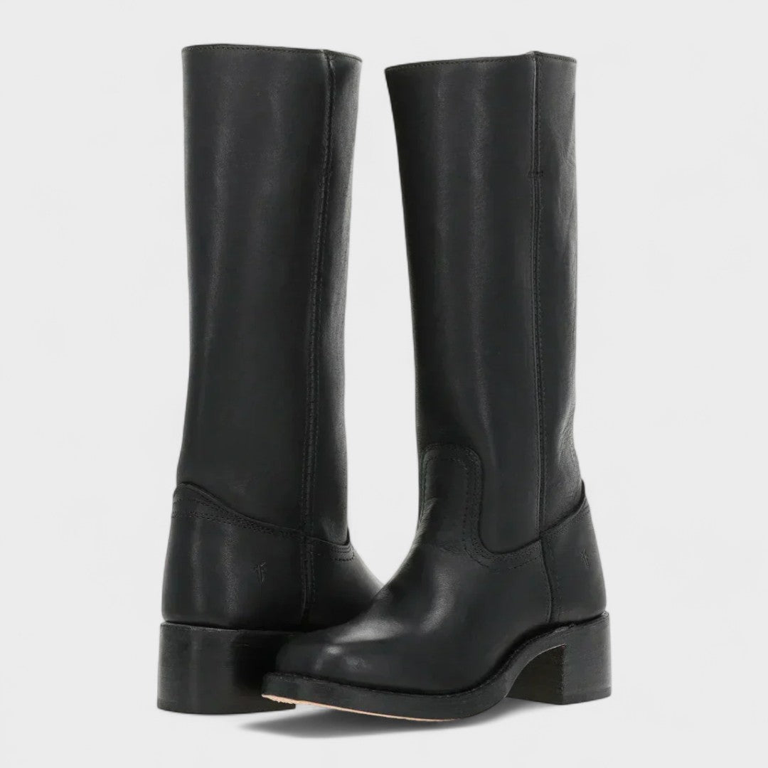 Women's tall classic cowboy boots with stitched shaft panels and low block heels
