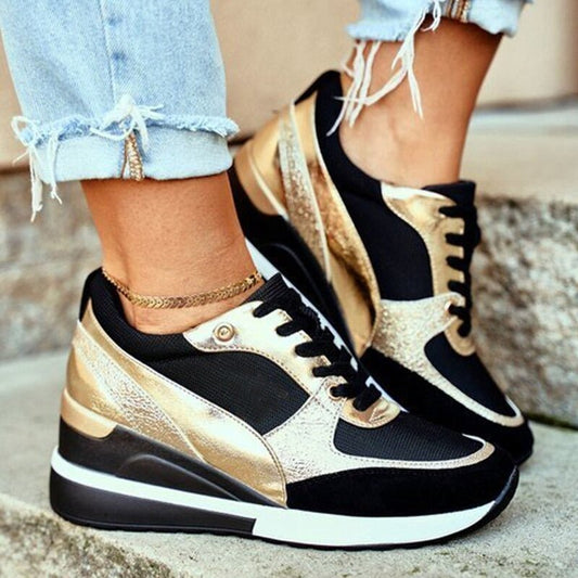 Women's black and gold-toned colour-block platform sneakers with lace-up fronts